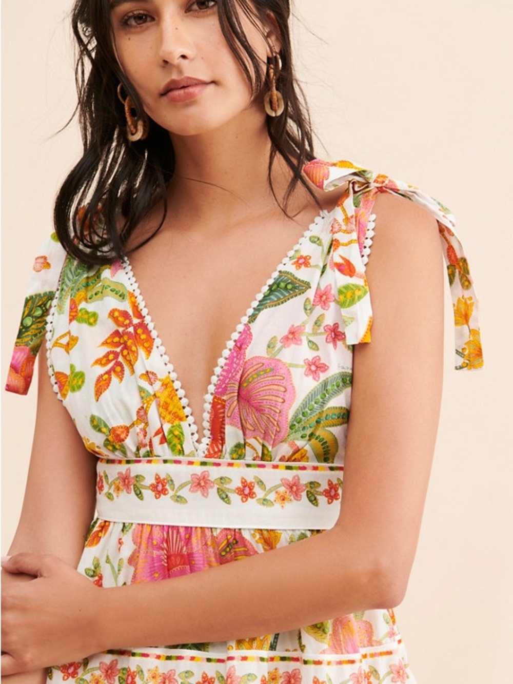 FARM Rio White Floral Tiered Mini Dress with Pink, Orange & Green - Picture 3 of 3